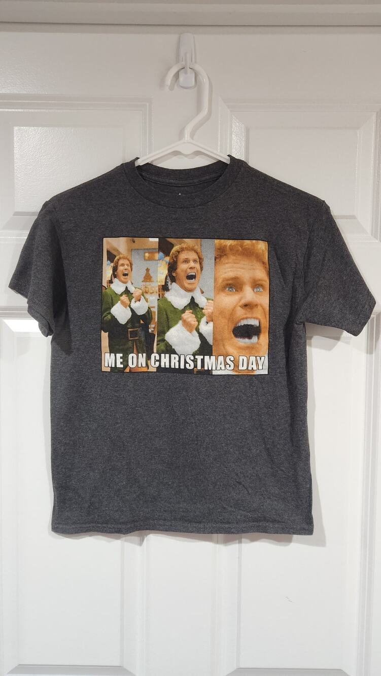 Kids Large 10/12 ELF Christmas Shirt Me on Christmas Day Short Sleeve Gray